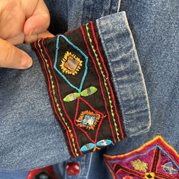 Life Style Women Denim Jacket Embroidered Appliqué Blue Art To Wear S Cotton - Picture 5 of 11